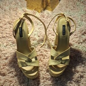 Nine West Beige Woven Ankle-Strap Wedges